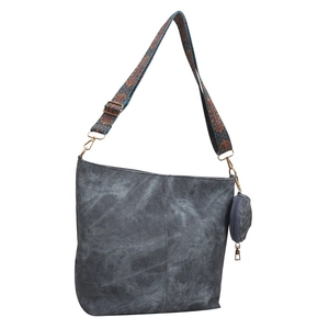 Sac hobo en toile grise à large bandoulière brodée ethnique et porte-monnaie rond