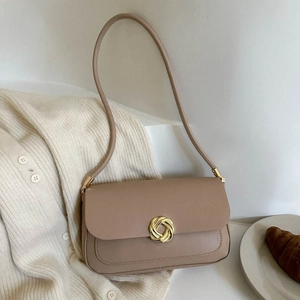 Sac Sous le Bras en Cuir PU Minimaliste Vintage pour Femmes Sac à Épaule Couleur Unie Avec Boucle Métallique Dorée Mode