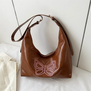 Women Vintage PU Leather Butterfly Embroidered Shoulder Bag Large Capacity Hobo Bag Minimalist Y2K Tote Bag Daily Use