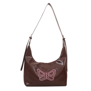 Brown vintage Y2K large capacity crescent tote bag with pink butterfly embroidery