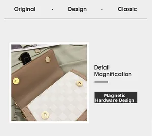 Détail du sac à carreaux avec doubles boucles magnétiques dorées et doublure en cuir