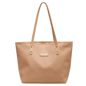 Beige woven large capacity tote bag with dual shoulder straps and fashion logo tag