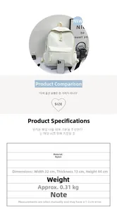Detailed size specifications of white nylon backpack measuring 32cm by 13cm by 44cm