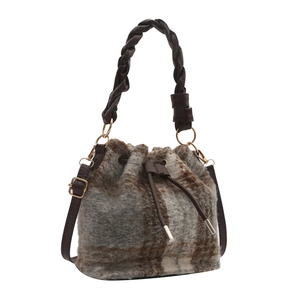 Winter vintage wool plaid bucket bag with brown woven handle and drawstring closure