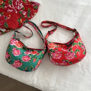 Sac à bandoulière de style ethnique avec motif de pivoine chinoise traditionnelle rouge et vert
