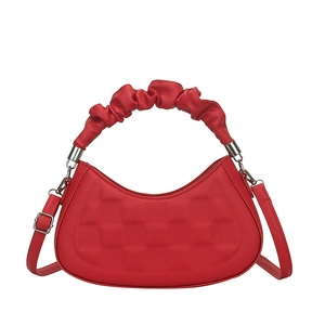 Red ruched handle crossbody bag with square quilted texture and silver hardware accents