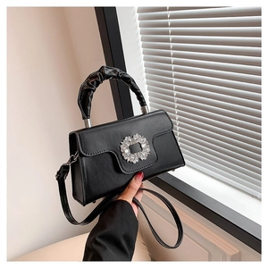 Women Fashion PU Leather Shoulder Bag Rhinestone Buckle Ruched Handle Crossbody Square Bag Daily Urban Trendy Purse Handbag