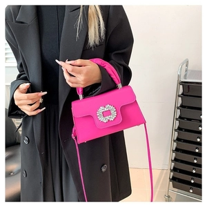 Chic magenta square crossbody bag with sparkling rhinestone buckle and slim shoulder strap