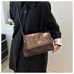Detail of dark brown wax leather shoulder bag featuring silver chain and metal logo