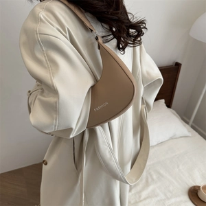Minimalist crescent shoulder bag in khaki matte leather with a stylish wide strap design
