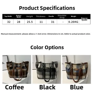 Detailed size specifications and color options for the plaid wool tote shoulder bag