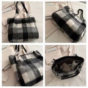 Detailed interior and strap views of a spacious plaid tote bag with silver chain straps