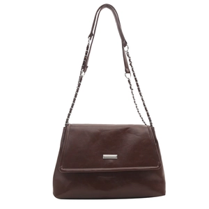 Women dark brown leather tote bag with silver chain strap and metal logo on white background