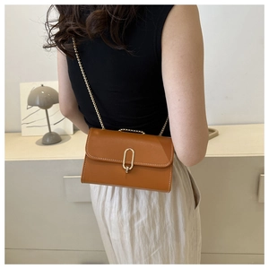 Detail of a brown leather crossbody bag with a gold oval clasp and fine chain strap