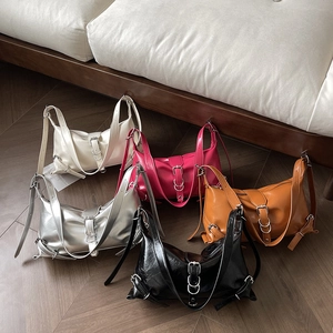 Chic 2024 PU leather shoulder bags in white, magenta, orange, silver, and black motorcycle style