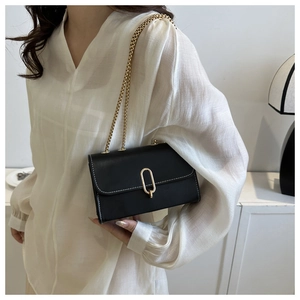 Close-up of black matte leather crossbody bag featuring gold metal clasp and chain strap