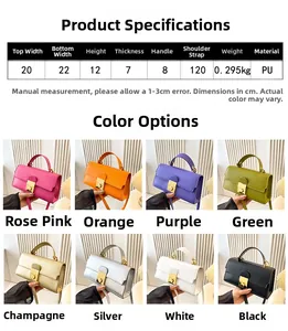 Detailed size chart and multi-color options for the minimalist PU leather crossbody bag
