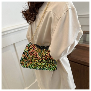 Detail view of colorful sequin chain bag showing the metallic texture and vibrant sparkles