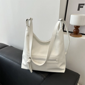 Large Capacity PU Leather Litchi Pattern Shoulder Bag For Women Urban Minimalist Hobo Tote Bag With Front Zipper Pocket
