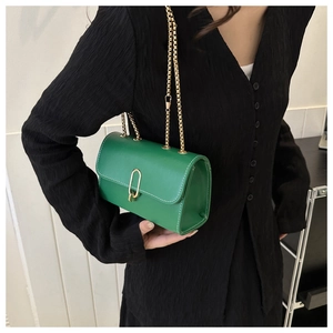 Detail of green leather crossbody bag with gold chain strap and oval metal clasp