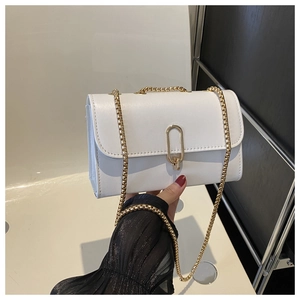 Close-up of white square leather bag featuring a gold oval clasp and fine chain strap