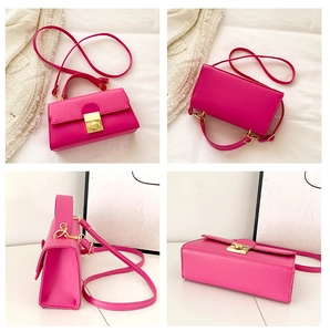 Detailed four-angle view of magenta PU leather handbag with golden metal twist lock