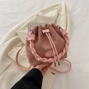 Women Retro Textured Nylon Suede Look Bucket Bag Fashion Woven Handle Drawstring Shoulder Crossbody Bag With Cute Pendant