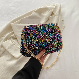 Trendy Sequin Chain Shoulder Bag For Women 2024 Spring Nightclub Style PU Small Square Crossbody Purse Evening Party Elegant Handbag