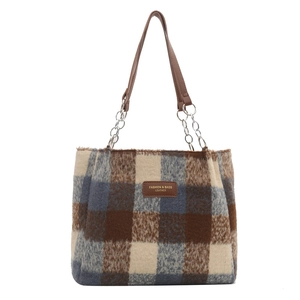 Classic plaid wool tote bag with brown leather straps and metal chain accents