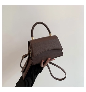 Detail of crocodile embossed leather texture and woven handle on coffee brown handbag