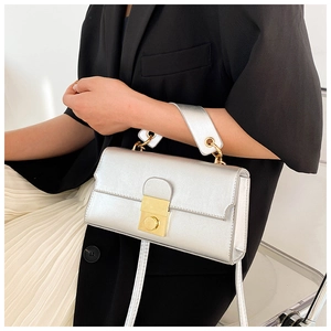 Detailed shot of metallic silver crossbody bag with large gold buckle and handle