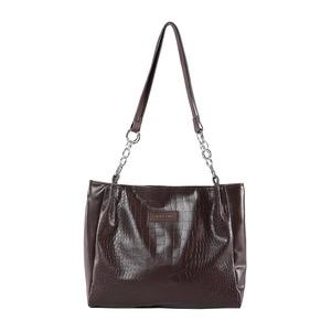 Minimalist deep brown crocodile pattern tote bag with silver chain straps on white backdrop