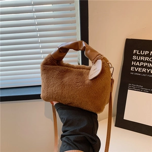 Women Plush Faux Fur Shoulder Bag Urban Minimalist Crossbody Handbag With Pleated Handle Small Fluffy Underarm Tote Bag