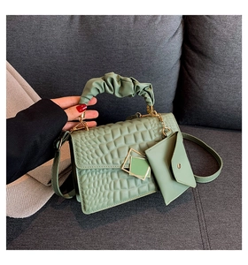 Close-up of light green crocodile embossed handbag with gold buckle and cloud handle