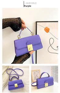 Detail of purple leather handbag featuring a golden lock and ring handle shown in three views