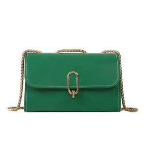 Minimalist dark green crossbody square bag with gold lock and chain strap on white background