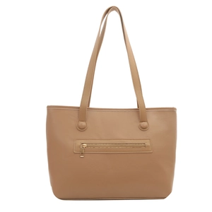 Khaki PU leather tote bag with double straps and gold zipper pocket on white background