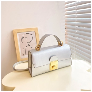 Detail of silver textured leather handbag featuring a golden rectangular lock and handle