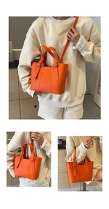 Vue en trois parties d'un cabas orange vif en cuir avec poignée et bandoulière
