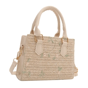 Straw woven crossbody bag with floral embroidery and detachable shoulder strap