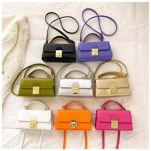 Detailed grid showing square crossbody bags in eight vibrant colors with gold metal clasps