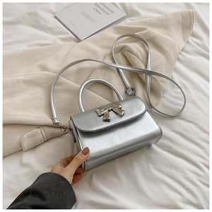 Macro shot of silver metallic leather handbag with decorative metal bow clasp and handle