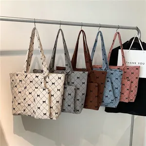 Corduroy tote bags with bow and diamond pattern in five colors with matching pouch
