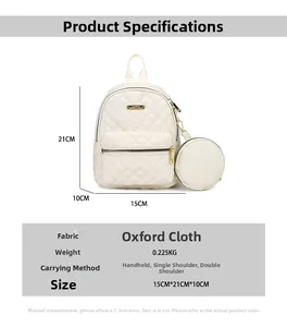 Quilted oxford fabric backpack with dimensions 15x21x10cm and matching small round pouch