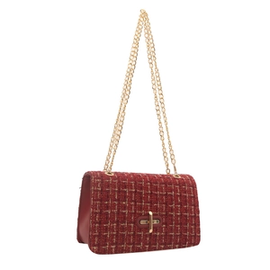 Elegant burgundy tweed crossbody bag with gold chain strap and textured fabric