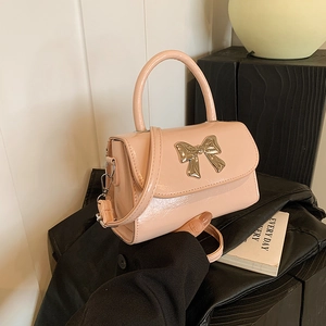 Women Fashion PU Leather Shoulder Bag With Metal Bowknot Small Square Handbag Crossbody Bag With Removable Strap Top Handle