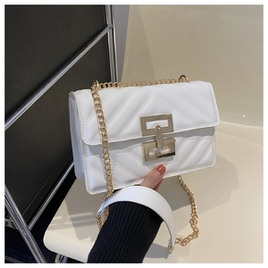 Close-up of white quilted crossbody bag with gold rectangular clasp and chain strap