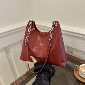 Women Fashion PU Leather Tote Bag Large Capacity Chain Strap Shoulder Bag Solid Color Simple Daily Commuting Underarm Bag Handbag
