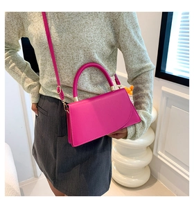 Rose red square handbag detail with gold metal buckles and adjustable strap on a model