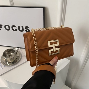 Vintage PU Leather Quilted Shoulder Bag For Women Fashion Chain Crossbody Bag With Metal Lock Buckle Solid Color Urban Simple Handbag